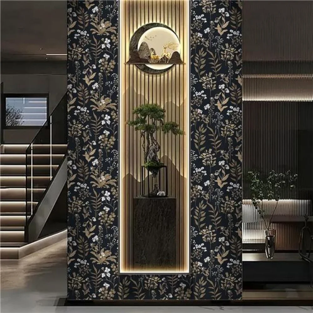 Black Floral Peel and Stick Wallpaper, Vintage Leaf Flower Contact